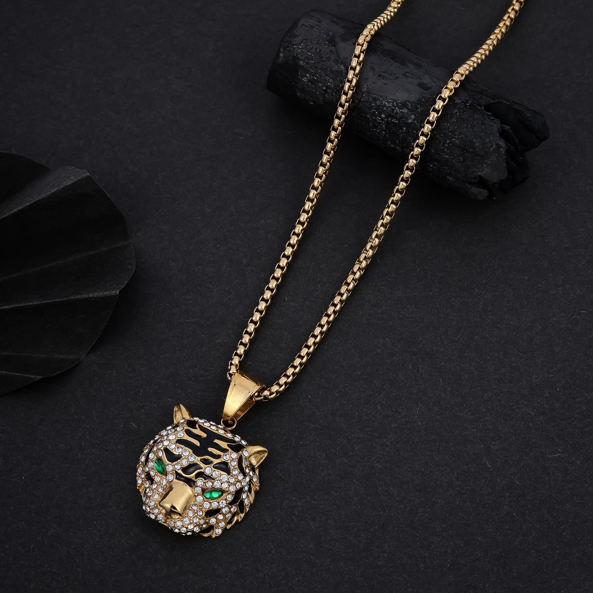 Tiger Green Eyes Gold Chain Pendant Set For Men