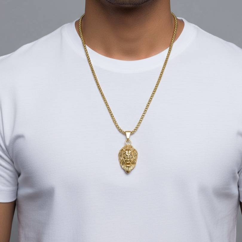 Lion Head Gold Chain Pendant Set For Men